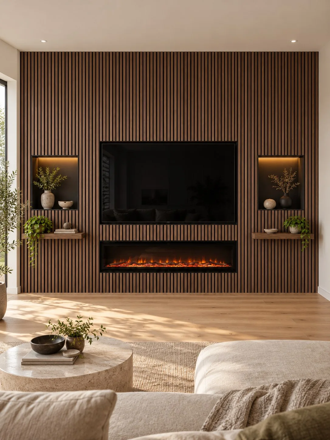 Walnut slatted media wall with TV, electric fire and lit display niches; AI design inspiration