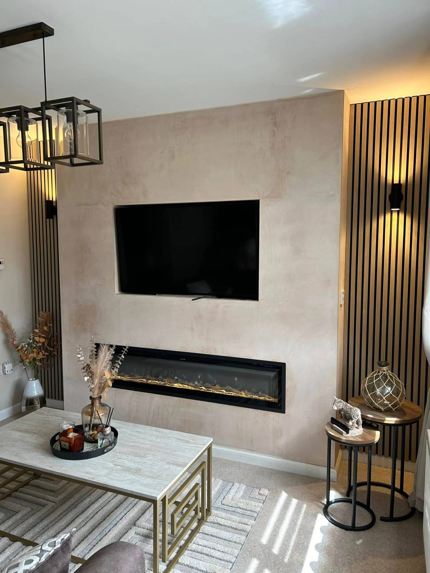 Bespoke modern media wall with electric fire and ambient lighting